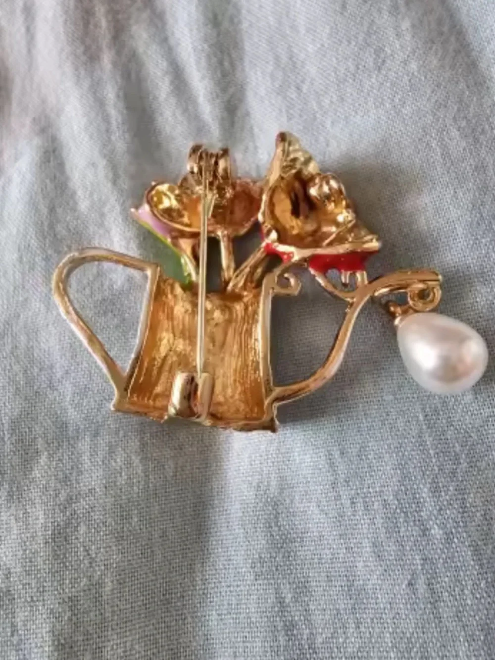 Cute Floral Watering Can Silver Pearl Charm Garden Brooch